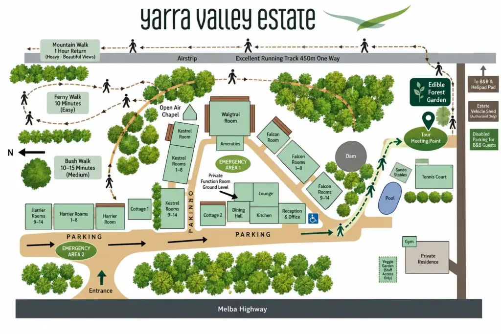 Map of Yarra Valley Estate showing the entrance from Melba Highway, parking near Reception, and the walking path past the pool to the Tour Meeting Point beside the Edible Forest Garden
